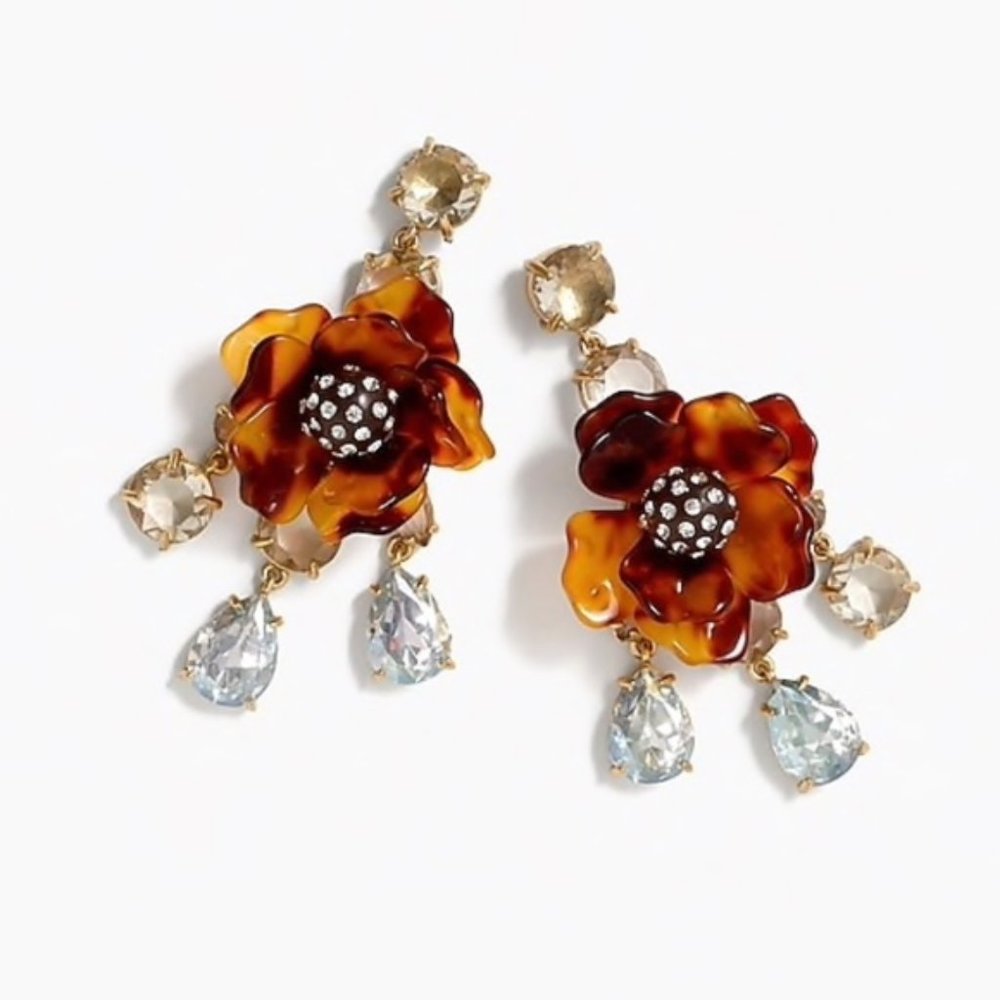 J Crew Tortoise flower statement earrings with hanging crystals